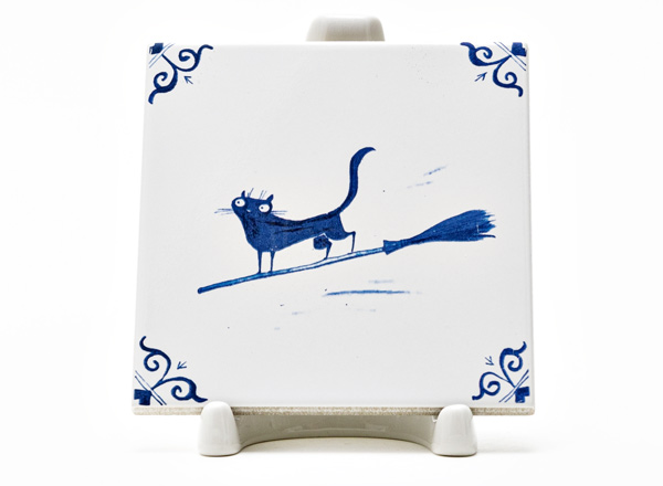 Tile Dutch. A cat on a broomstick 