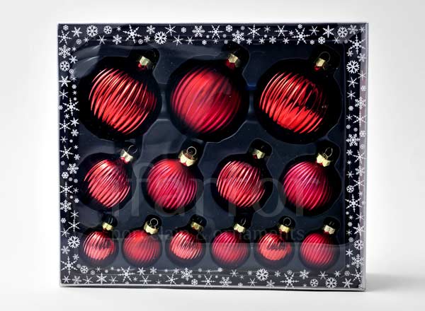 Set of Christmas tree toys in a gift box Ruby red Ribbed ball