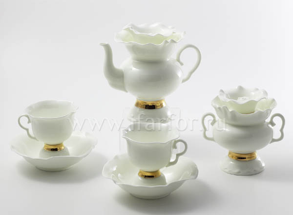 Tea Set Gold ribbon 6/14 White flower