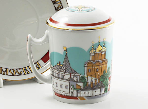 Mug with a lid and saucer Tolmachevsky alley Snowing morning